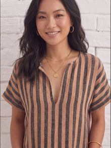 Brown Black Stripe Linen Blend Shift Dress with patch pocket