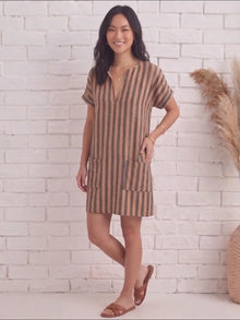 Brown Black Stripe Linen Blend Shift Dress with patch pocket