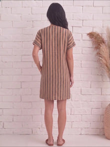 Brown Black Stripe Linen Blend Shift Dress with patch pocket