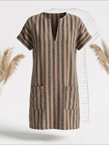 Brown Black Stripe Linen Blend Shift Dress with patch pocket