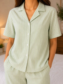 Green & White Striped Cotton Night Suit Set With Half Sleeve Shirt & Pant