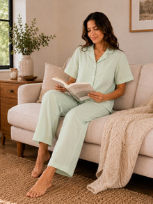 Green & White Striped Cotton Night Suit Set With Half Sleeve Shirt & Pant