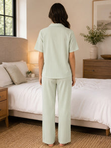 Green & White Striped Cotton Night Suit Set With Half Sleeve Shirt & Pant