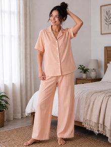 Orange & White Striped Cotton Night Suit Set With Half Sleeve Shirt & Pant