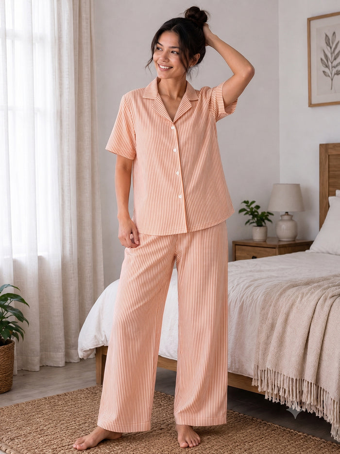Orange & White Striped Cotton Night Suit Set With Half Sleeve Shirt & Pant