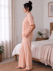 Orange & White Striped Cotton Night Suit Set With Half Sleeve Shirt & Pant