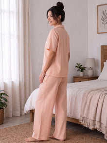 Orange & White Striped Cotton Night Suit Set With Half Sleeve Shirt & Pant