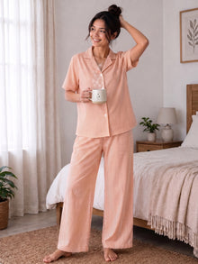 Orange & White Striped Cotton Night Suit Set With Half Sleeve Shirt & Pant