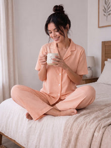 Orange & White Striped Cotton Night Suit Set With Half Sleeve Shirt & Pant