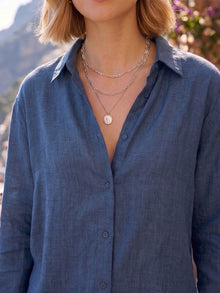 Midnight Blue Linen Button Down Shirt With Cuff Sleeve