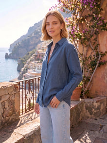 Midnight Blue Linen Button Down Shirt With Cuff Sleeve
