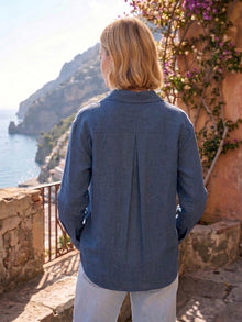 Midnight Blue Linen Button Down Shirt With Cuff Sleeve