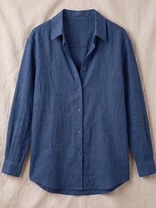 Midnight Blue Linen Button Down Shirt With Cuff Sleeve