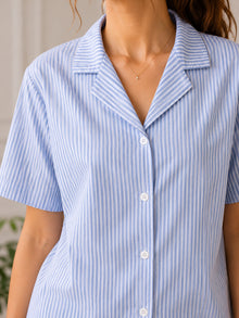 Blue & White Striped Cotton Night Suit Set With Half Sleeve Shirt & Pant
