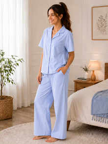 Blue & White Striped Cotton Night Suit Set With Half Sleeve Shirt & Pant