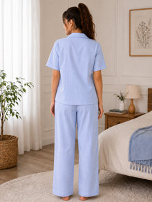 Blue & White Striped Cotton Night Suit Set With Half Sleeve Shirt & Pant