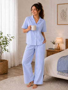 Blue & White Striped Cotton Night Suit Set With Half Sleeve Shirt & Pant