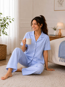 Blue & White Striped Cotton Night Suit Set With Half Sleeve Shirt & Pant