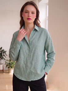 Sage Mist Linen Button Down Shirt With Cuff Sleeve