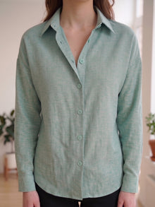 Sage Mist Linen Button Down Shirt With Cuff Sleeve