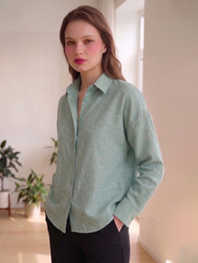 Sage Mist Linen Button Down Shirt With Cuff Sleeve
