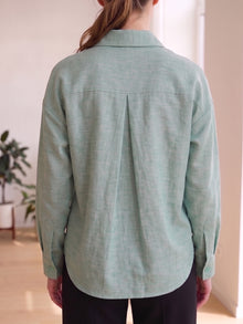 Sage Mist Linen Button Down Shirt With Cuff Sleeve