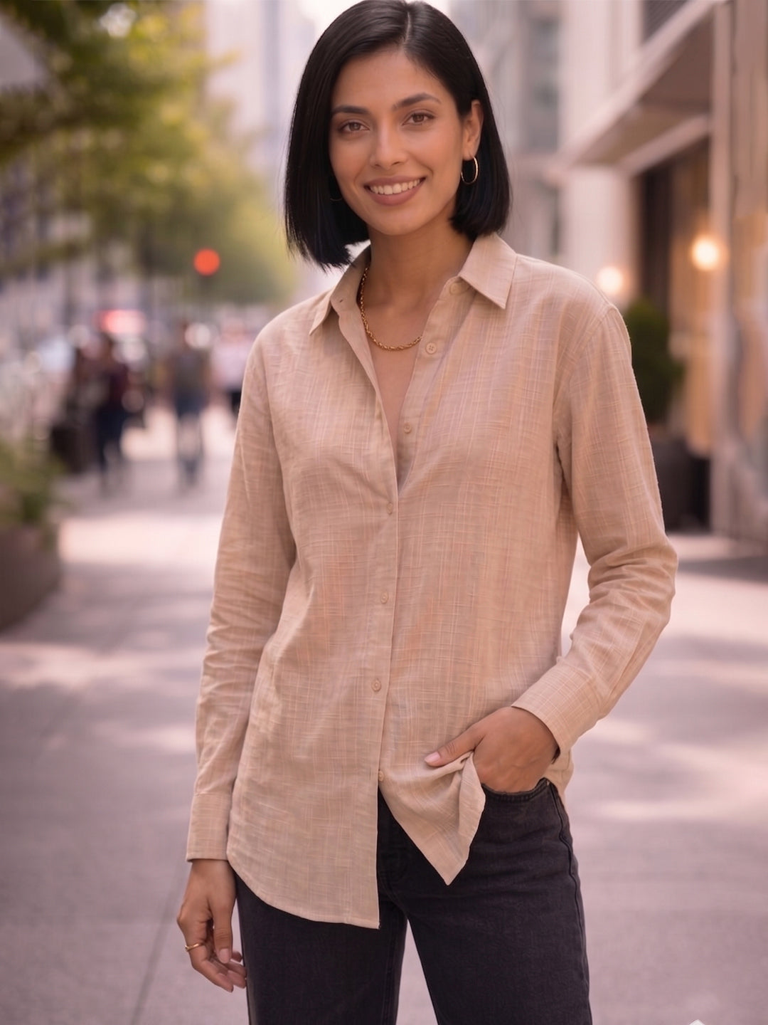 Beige Linen Button Down Shirt With Cuff Sleeve