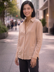 Beige Linen Button Down Shirt With Cuff Sleeve