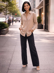 Beige Linen Button Down Shirt With Cuff Sleeve
