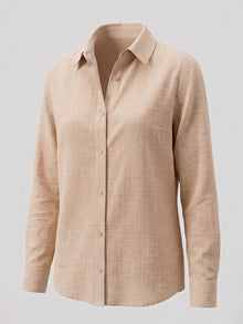 Beige Linen Button Down Shirt With Cuff Sleeve