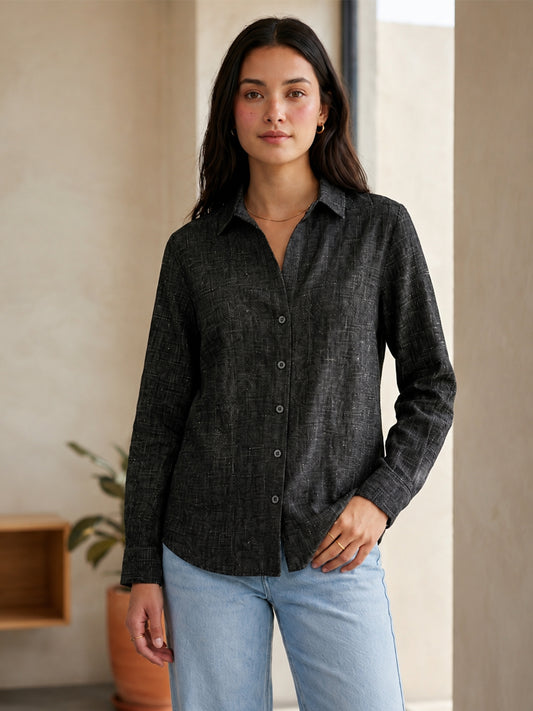 Black Linen button-Down Shirt With Cuff Sleeve