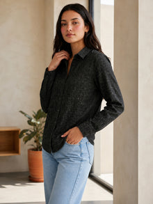 Black Linen button-Down Shirt With Cuff Sleeve