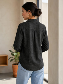 Black Linen button-Down Shirt With Cuff Sleeve