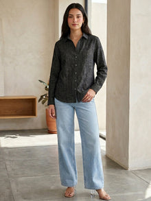 Black Linen button-Down Shirt With Cuff Sleeve