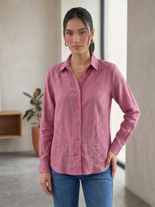 Pink Linen Button Down Shirt With Cuff Sleeve