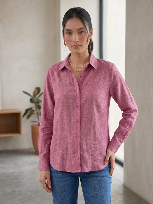 Pink Linen Button Down Shirt With Cuff Sleeve