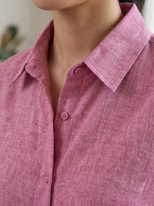 Pink Linen Button Down Shirt With Cuff Sleeve