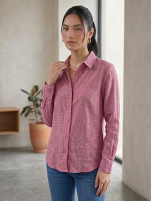 Pink Linen Button Down Shirt With Cuff Sleeve
