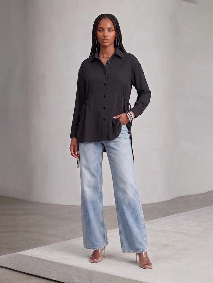 Black Crepe Oversized Drawstring Waist Longline Shirt