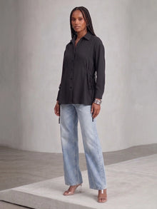 Black creape Oversized Drawstring Waist Longline Shirt