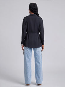 Black creape Oversized Drawstring Waist Longline Shirt