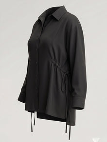 Black creape Oversized Drawstring Waist Longline Shirt