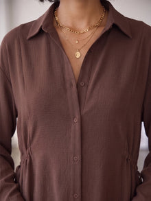 Brown Crepe Oversized Drawstring Waist Longline Shirt
