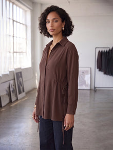 Brown Crepe Oversized Drawstring Waist Longline Shirt