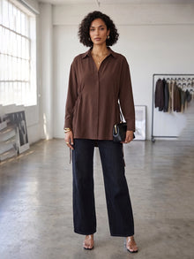 Brown Crepe Oversized Drawstring Waist Longline Shirt