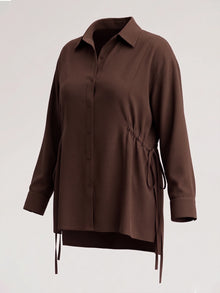 Brown Crepe Oversized Drawstring Waist Longline Shirt