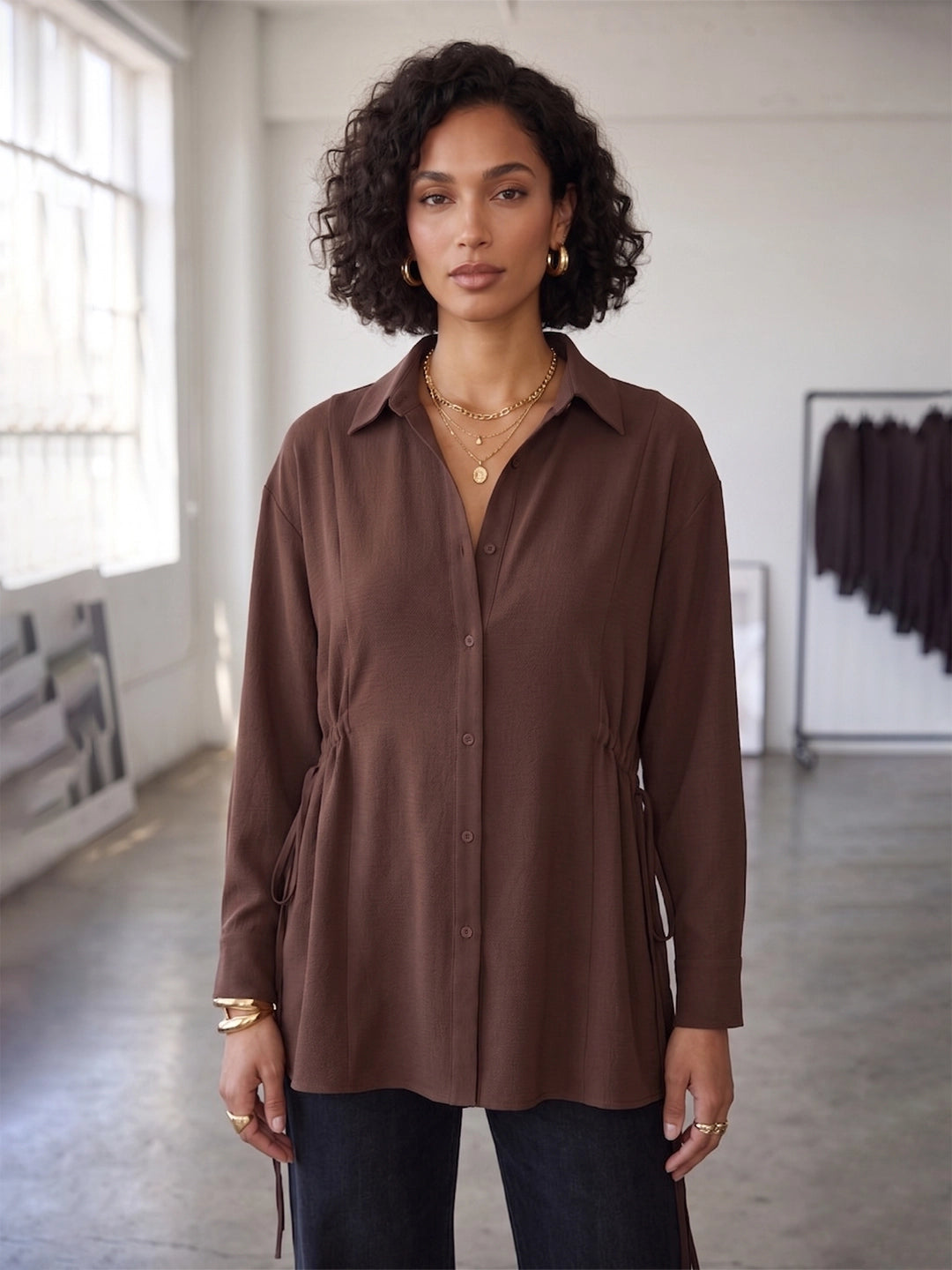 Brown Crepe Oversized Drawstring Waist Longline Shirt