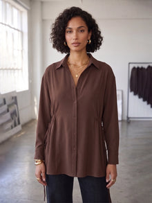 Brown Crepe Oversized Drawstring Waist Longline Shirt