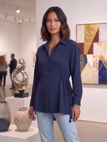 Navy Crepe Oversized Drawstring Waist Longline Shirt