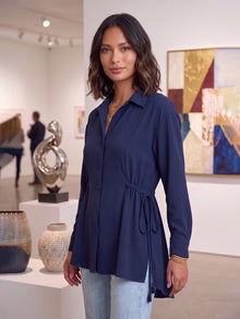 Navy Crepe Oversized Drawstring Waist Longline Shirt